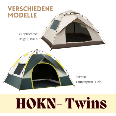 Zwei verschiedene Zeltmodelle in Braun und Grün des Faltzeltes HOKN in Steinfurt mieten.